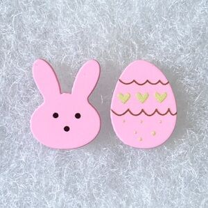 Pink Easter Bunny & Easter Egg Asymmetrical Silver Toned Stud Earrings